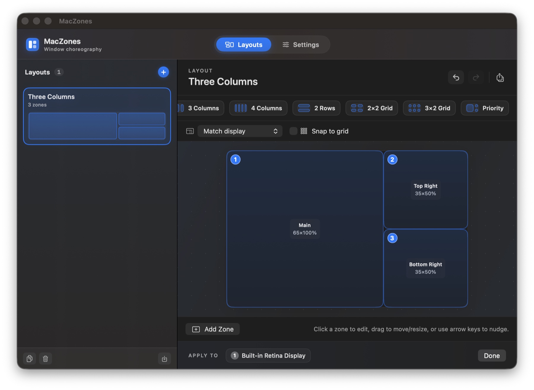 MacZones layout editor showing a three-column layout: a large Main zone and two stacked side zones, with templates above and a layout list on the left.