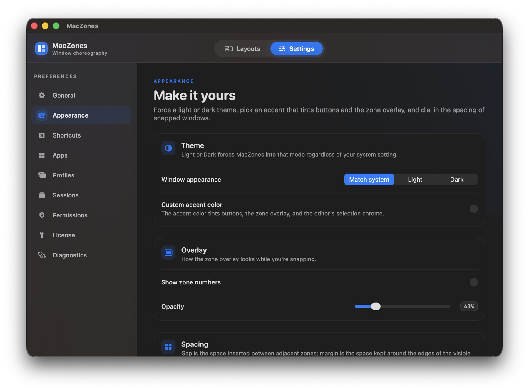 Appearance settings: theme picker (Match system, Light, Dark), accent color toggle, and overlay opacity slider set to 43 percent.