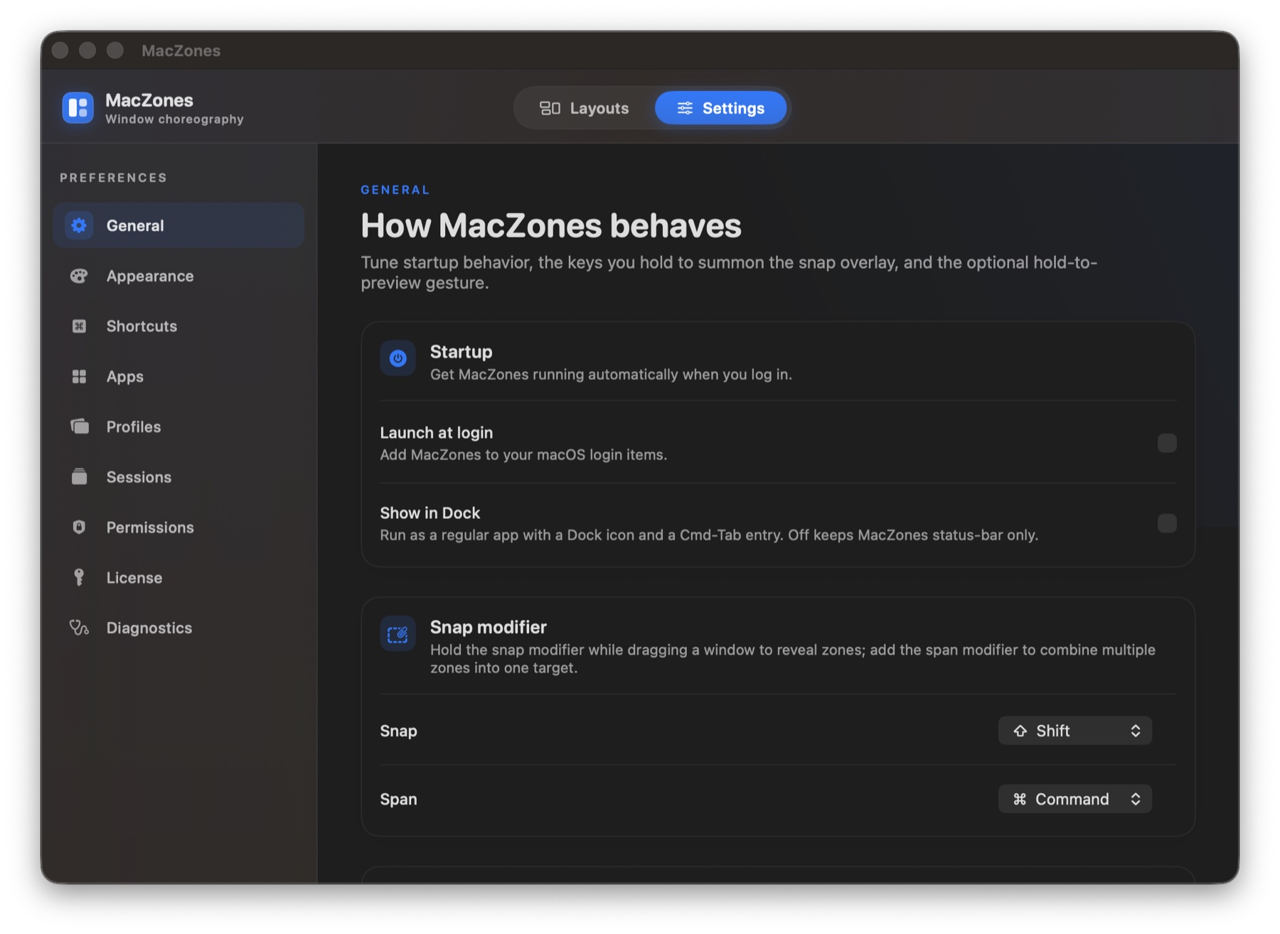 General settings: Launch at login and Show in Dock toggles, plus snap and span modifier pickers set to Shift and Command.