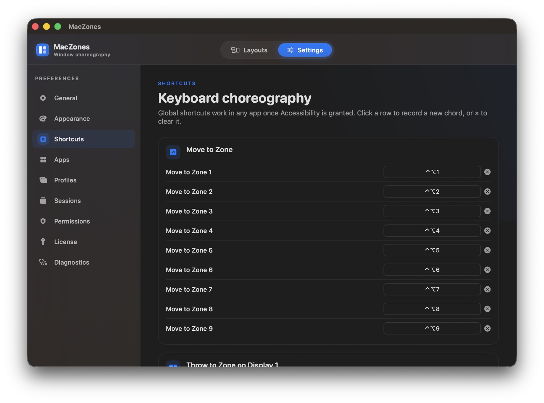 Shortcuts settings: Move-to-Zone 1 through 9 each bound to a Control–Option chord, with a row to record a new chord or clear one.